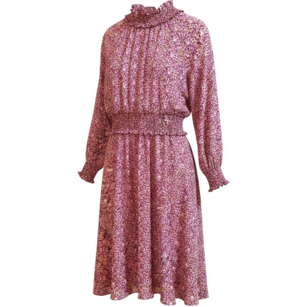 OPT Purple Pink Floral Smocked Waist Mock Neck Knee-Length Dress Chiffon sz L